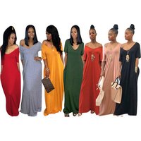 V Neck Solid Colour Short Sleeve Loose Long floor Casual Dress With pocket 2019 New Fashion Women Dress
