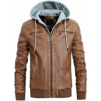 Hooded Faux Fur Trim PU Leather Varsity Jacket