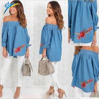 Embroidered Off Shoulder Denim Blouse