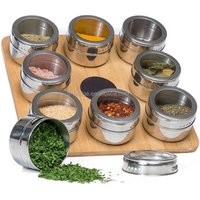 Spice Rack Set Magnetic with Bamboo Wood Stand and Wall Mount, 9 Storage Jars For Spices Organizer Tins and Measuring Spoon