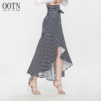 OOTN Female Striped High Waist Asymmetrical Skirt