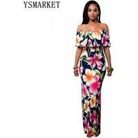 Off Shoulder Ruffle Flower Print Maxi Dress