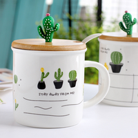 HT200081 Cactus bamboo cover porcelain spoon ceramic cup cartoon plant mug with lid spoon coffee cup breakfast cup