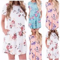 Floral Print Summer T Shirt Skirt Dress Pockets