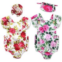 Summer children's clothing green flowers girls baby jumpsuit romper with headgear