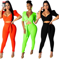 Women Sexy Solid Color Deep V Neck Crop Top Bodycon 2 Piece Cocktail Set Clothing C-K8781WN
