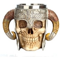Hot Sale Gothic 3D Skull Mug with Ram Goat Horns Handle Resin Helmet Viking Stainless Steel Big Beer Mug Water Cup