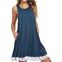 Plus Casual Lace Stitching Sleeveless Tunic Swing Dress Pockets