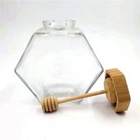 Ready to ship food grade wood lid 430ml Hot sale hexagon glass honey jar