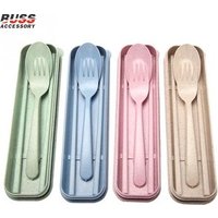 D89 3pcs/set Portable Wheat Straw Cutlery Gifts Tableware Suit Camping Picnic Dinnerware Spoon Fork Chopstick Set