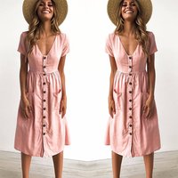 Summer Short Sleeve V Neck Button Down Midi Dress