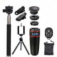 10 in 1 Kit 180 degree Fisheye Lens 0.65 Wide Angle Lens Wide Angle 12X Telescope Telephoto Lenses For Mobile Phone