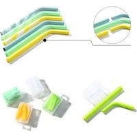 BPA Free Kids Safely Assorted Color Reusable Folding Silicone Drinking Straws With Cleaning Brush