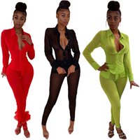 wholesale women outfits fashion long sleeve mesh sheer shirt tops pencil pant sets two piece women clothing