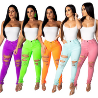 mujer New stretch candy color Denin Jeans Women's High Waist Torn Ripped Hole Skinny Denim Pant