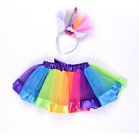 Multicolor Rainbow Color Girls Pettiskirts Princess Tulle Girls Tutu Skirt With Unicorn Headband