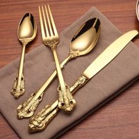 Top 16pc luxury gold cutlery brand new custom logo flatware silverware set for hire event and hotel restaurant