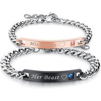 Wholesale Personalized Steel Jewelry Chain Bracelets, Her Beauty His Beast Engraved Crystals Lover Couple Bracelets