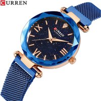 CURREN 9063 Women Watches Mesh Ladies Clock Magnet Buckle Starry Diamond Geometric Surface Fashion Casual Quartz Wristwatch