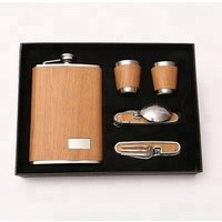 Premium 9 oz Wood grain Hot sales bpa free 9oz Stainless steel alcohol hip flask SET with Table knife fork