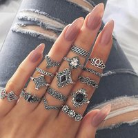 SR1001 Vintage Ethnic Rings Jewelry 15pcs Black Diamond Palace Style Alloy Ring Set
