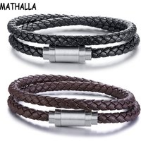 Fashionable Jewelry Mens Genuine Leather Braided Bracelet Bangle Double Layered Rope Wrap Bracelet With Stainless Steel Clasp