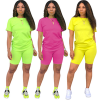2019 Neon 2 Piece Set Women Tracksuit Festival Clothing Crop Top and Biker Shorts Sexy Club Outfits Two Piece Matching Sets