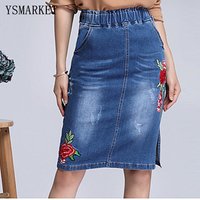 Plus Stretch Waist Floral Embroidered Denim Skirt