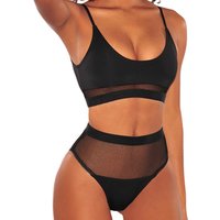 2019 New Black Fishnet Mesh High Waist Cut Shoulder Strap Bikini Sexy Swimwear