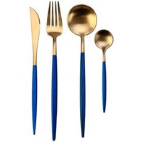 4pc Matte brushed navy blue and gold cutlery set for xmas party rentals, cutipol goa flatware silverware with gift box