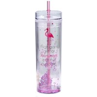 Sequin Flamingo Double Wall Plastic Skinny Tumbler Straw