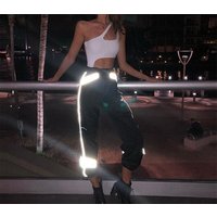Pockets Reflective Pants with Buckle Belt Loose Black High Waist Joggers Women Sweatpants Hip Hop Harem Pants