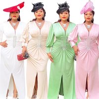 S10209 Plus Size Women Evening Dresses Long Sleeve V-neck Beaded Long Church Dresses Maxi African Dresses for Women Clothing