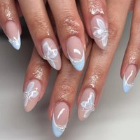 3909 Elegant Blue French White Butterfly and Pearl Short Almond False Nail Press on Nail Artificial Fingernails Customize