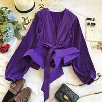 Spring Autumn Women V-neck Puff Sleeves Blouse Slim Tunic Tops Retro Vintage Pullovers Busos Para Mujer Kimonos