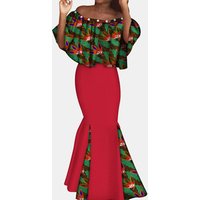 African Print Pearl Embellished Long Dress