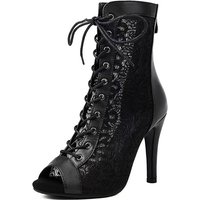 Black Lace Ballroom Dance Boots Latin Salsa Dress Performance Practice Footwear with Suede Sole