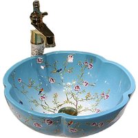 Warehouse Flower Shape butterfly and Bird Design Porcelain Ceramic Wash Basin Countertop Bathroom Sink Blue
