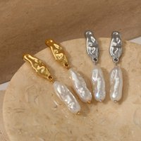 Stainless Steel Textured Baroque Pearl Drop Pleated Polished 18K Gold Plated Elegant Earrings for Gift
