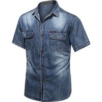 Summer Men Denim Shirt Mens Short Sleeve Soft Cotton Breathable Oversized Jeans Shirts Washed Casual Male Double Pocket Shirt