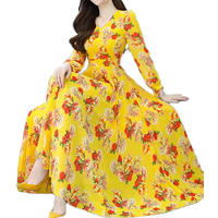 Women's Elegant Casual Beach Dress Lady's New Fashion V-Neck Floral Digital Printed Long Sleeve Chiffon Dress for Spring Summer