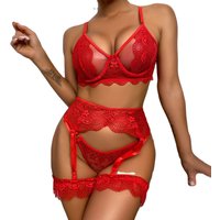 10% Red Erotic Lingerie Set Lace Embroidery Underwear Sensual Intimate Thongs Garters 3-Piece Christmas Fancy Sets