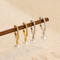 Wholesale Jewelry 925 Sterling Silver Pearl Drop Hoop Earrings Jewelry Cz Diamond 18K Gold Plated Earrings for Women