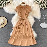 10%OFF Summer Fashion Temperament Waist Slim Ruffled Sleeveless Round Neck Dress Elegant Holiday Dress