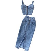 Fashion Women Suit New Feminine Short Camisole High Waist Denim Skirt Trendy Ladies Jeans Vest Two Piece Set Women Solid Suit