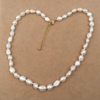 16 Inch+5 CM Choker Necklace 100% Natural Freshwater Pearl 7 MM Baroque Beads Knotted Clasp Stainless Steel 18k GOLD PLATING