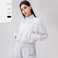 OEM Wholesale Autumn Winter Women Stand Collar Double Sided Zipper Thumb Hole Hoodie Casual Activewear Cotton Jacket with Pocket