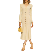 Women'S Fall Winter Retro V-Neck Metal Buckle Slim Long Sleeve Knitted Sweater Dresses