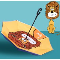 Cartoon Lion Printing Double Layer Reverse Inverted Umbrella C Shape Handle Waterproof Windproof Fully-Automatic Opening 190T
