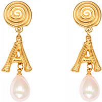 Vintage Elegant Spiral Disc Letter a Imitation Pearl Pendant Stainless Steel Gold Plated Drop Earrings for Women Daily Outfit